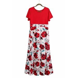 Women’s XL Red Floral Maxi Dress Short Sleeve Empire Waist Boho Long Dress